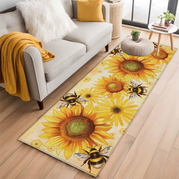 Sunflower 2'x6' Runner Rugs for Hallway Kitchen Bedside Non Slip Washable, Yellow Floral Elegant Pastoral Flowers Rustic Entryway Rug Runners with Rubber Backing, Long Carpet Runner for Laundry Room