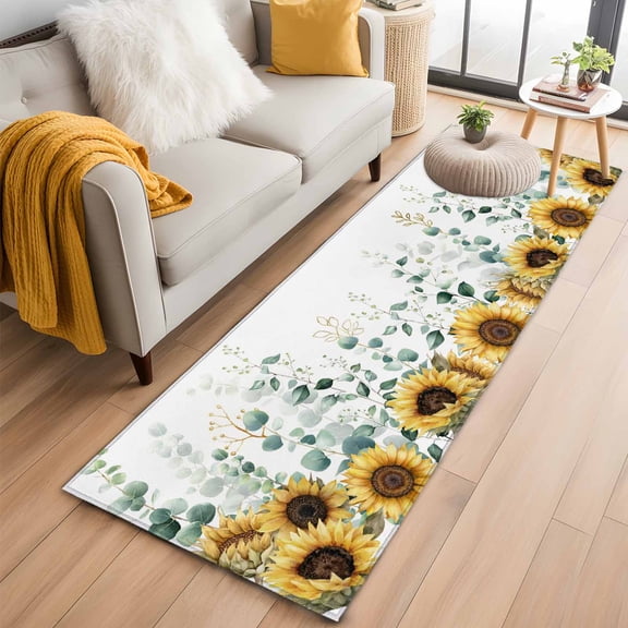 Sunflower 2'x6' Runner Rugs for Hallway Kitchen Bedside Non Slip Washable, Yellow Floral Pastoral Botanical Leaves Entryway Rug Runners with Rubber Backing, Long Carpet Runner for Laundry Room