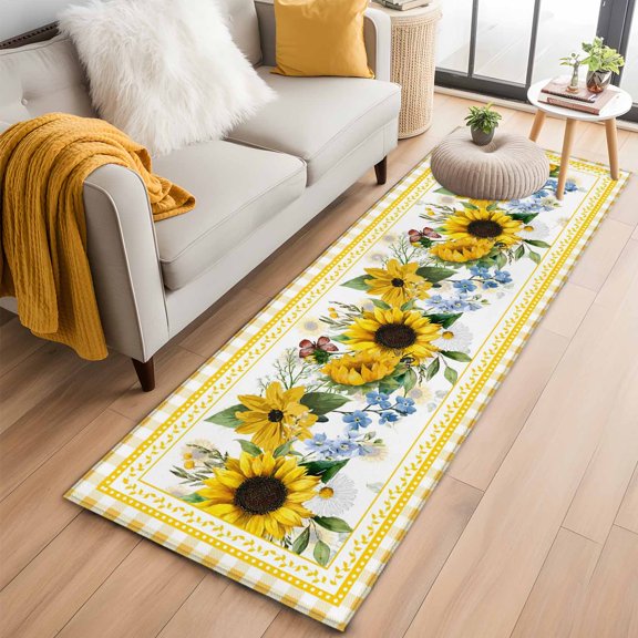 Sunflower 2'x6' Runner Rugs for Hallway Kitchen Bedside Non Slip Washable, Yellow Flowers Yellow Plaid Farmhouse Entryway Rug Runners with Rubber Backing, Long Carpet Runner for Laundry Room