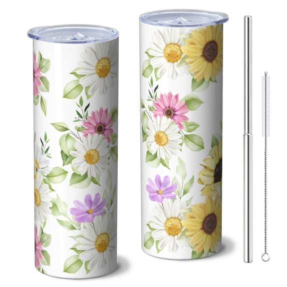 Sunflower 20 Oz Stainless Steel Skinny Tumbler – Vacuum Insulated Slim Travel Cup with Lid & Stainless Steel Straw, 360° Full Wrap Printed Tumbler for Home, Office & Outdoor Use, Spring