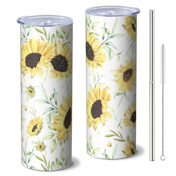 Sunflower 20 Oz Stainless Steel Skinny Tumbler – Vacuum Insulated Slim Travel Cup with Lid & Stainless Steel Straw, 360° Full Wrap Printed Tumbler for Home, Office & Outdoor Use, Spring