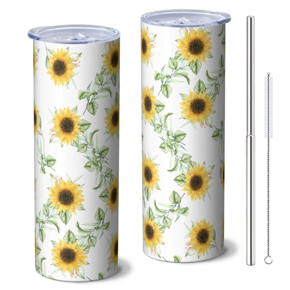 Sunflower 20 Oz Stainless Steel Skinny Tumbler – Vacuum Insulated Slim Travel Cup with Lid & Stainless Steel Straw, 360° Full Wrap Printed Tumbler for Home, Office & Outdoor Use, Spring