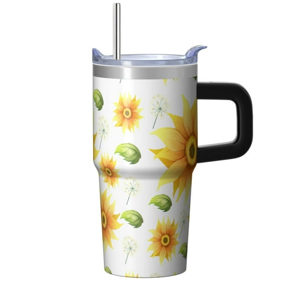 Sunflower 20oz Stainless Steel Tumbler with Handle and Straw – Insulated Travel Cup with Sliding Lid, 360° Full Wrap Printed Mug for Home, Outdoor & Sports Use, Foral