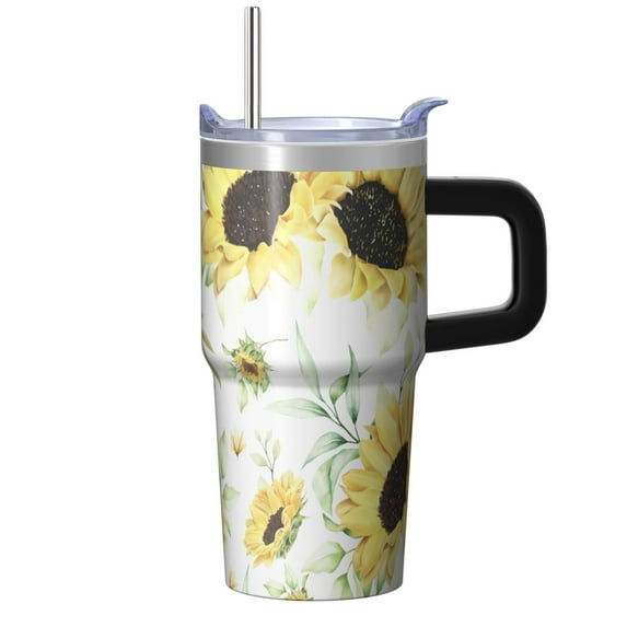 Sunflower 20oz Stainless Steel Tumbler with Handle and Straw – Insulated Travel Cup with Sliding Lid, 360° Full Wrap Printed Mug for Home, Outdoor & Sports Use, Foral