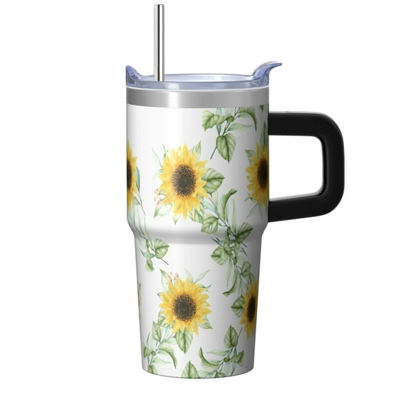 Sunflower 20oz Stainless Steel Tumbler with Handle and Straw – Insulated Travel Cup with Sliding Lid, 360° Full Wrap Printed Mug for Home, Outdoor & Sports Use, Foral