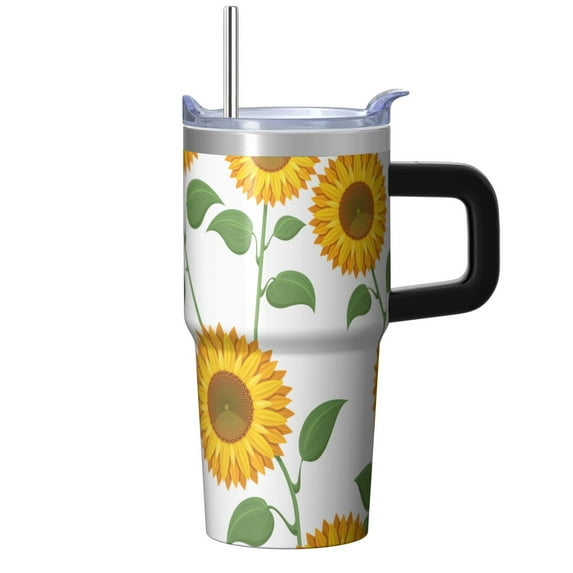Sunflower 20oz Stainless Steel Tumbler with Handle and Straw – Insulated Travel Cup with Sliding Lid, 360° Full Wrap Printed Mug for Home, Outdoor & Sports Use, Foral