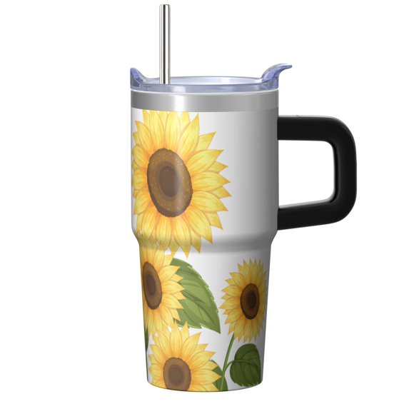 Sunflower 20oz Stainless Steel Tumbler with Handle and Straw – Insulated Travel Cup with Sliding Lid, 360° Full Wrap Printed Mug for Home, Outdoor & Sports Use, Foral