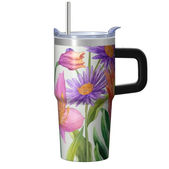 Sunflower 20oz Stainless Steel Tumbler with Handle and Straw – Insulated Travel Cup with Sliding Lid, 360° Full Wrap Printed Mug for Home, Outdoor & Sports Use, Foral