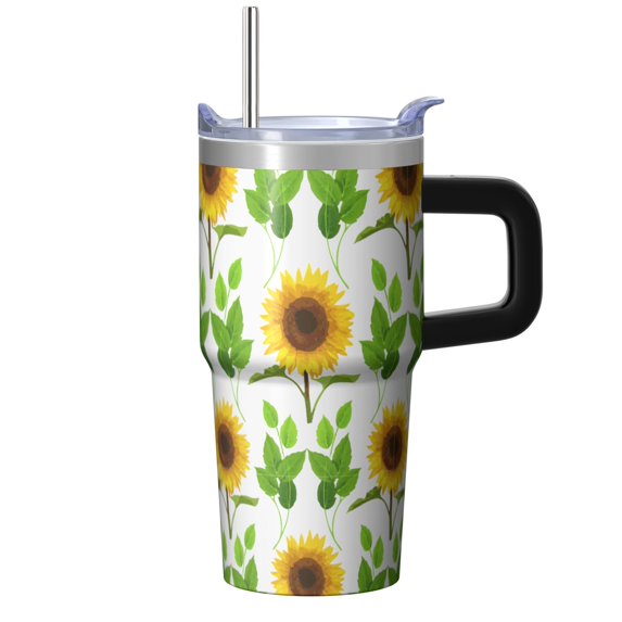 Sunflower 20oz Stainless Steel Tumbler with Handle and Straw – Insulated Travel Cup with Sliding Lid, 360° Full Wrap Printed Mug for Home, Outdoor & Sports Use, Foral
