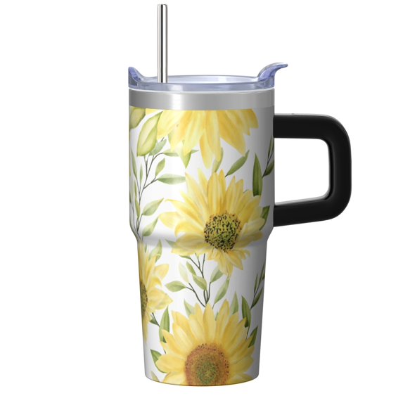 Sunflower 20oz Stainless Steel Tumbler with Handle and Straw – Insulated Travel Cup with Sliding Lid, 360° Full Wrap Printed Mug for Home, Outdoor & Sports Use, Foral