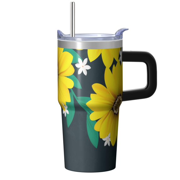 Sunflower 20oz Stainless Steel Tumbler with Handle and Straw – Insulated Travel Cup with Sliding Lid, 360° Full Wrap Printed Mug for Home, Outdoor & Sports Use, Foral