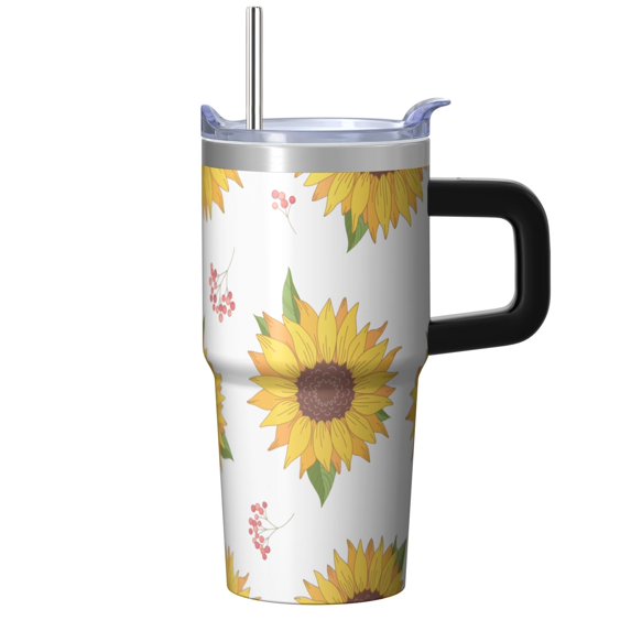Sunflower 20oz Stainless Steel Tumbler with Handle and Straw – Insulated Travel Cup with Sliding Lid, 360° Full Wrap Printed Mug for Home, Outdoor & Sports Use, Foral