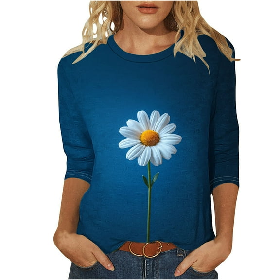 Sunflower 3/4 Sleeve Tops for Womens Plus Size Crewneck Tshirt Casual Summer Basic Tee Tunic Blouse