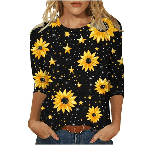 Sunflower 3/4 Sleeve Tops for Womens Plus Size Crewneck Tshirt Casual Summer Basic Tee Tunic Blouse