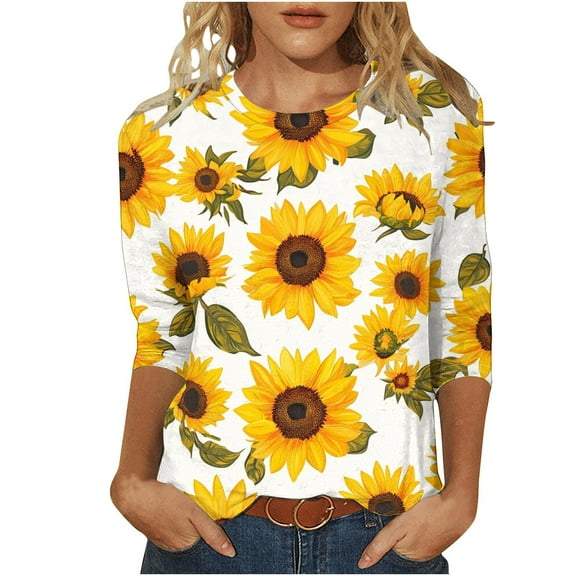 Sunflower 3/4 Sleeve Tops for Womens Plus Size Crewneck Tshirt Casual Summer Basic Tee Tunic Blouse