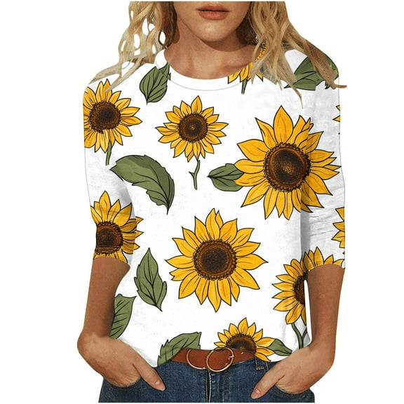 Sunflower 3/4 Sleeve Tops for Womens Plus Size Crewneck Tshirt Casual Summer Basic Tee Tunic Blouse