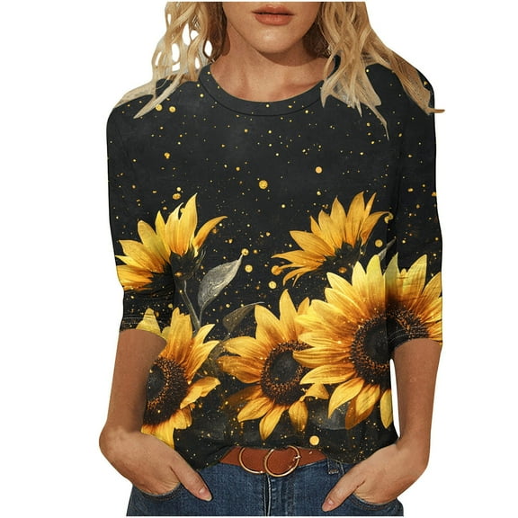 Sunflower 3/4 Sleeve Tops for Womens Plus Size Crewneck Tshirt Casual Summer Basic Tee Tunic Blouse