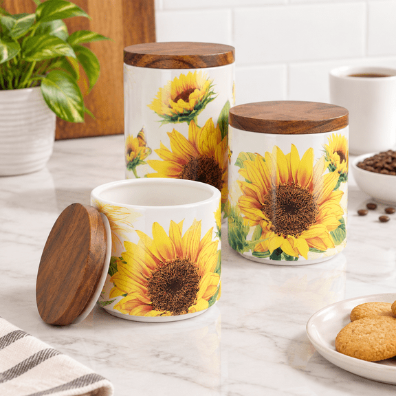 Sunflower 3-Piece Ceramic Kitchen Canister Set With Wood Lids
