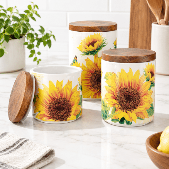 Sunflower 3-Piece Ceramic Kitchen Canister Set With Wooden Lids