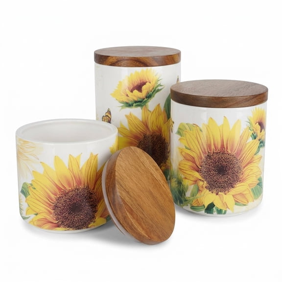 Sunflower 3-Piece Ceramic Kitchen Food Storage Canister Set with Lids