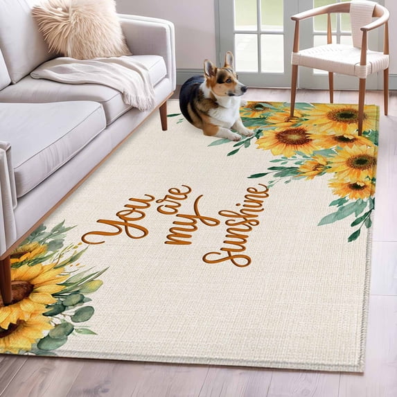 Sunflower 3'x5' Washable Rug, Summer Botanical Farmhouse Yellow Floral Rustic Non-Slip Area Rugs for Entryway Kitchen Classroom, StainResistant Dorm Throw Carpet, Low Pile Soft Indoor Floor Mat