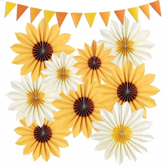 Sunflower Yellow White 3D Paper Fan Flower Triangle Flag Garland Kit Reusable Hanging Wall Decor For Garden Wedding Graduation Outdoor Adult Group Celebration Photo Backdrop