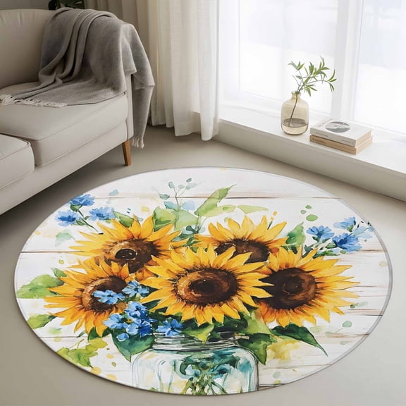 Sunflower 3ft Area Rug, Retro Country Garden Floral Blue Wildflower Washable Non-Slip Small Round Rugs for Entryway Bedroom Kitchen, Soft Circle Carpet for Dining Room, Playroom Nursery Rug