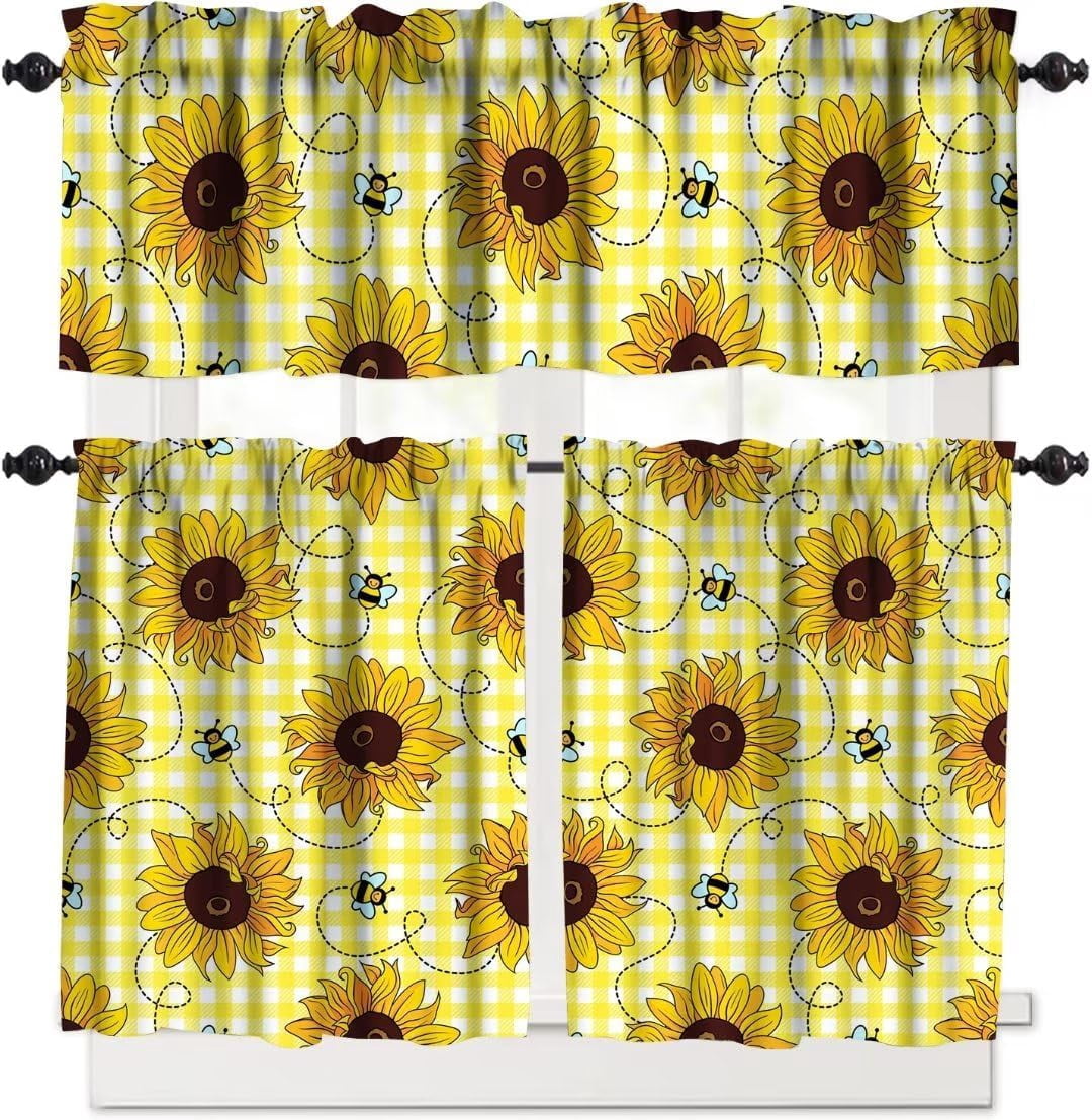 Sunflower 3pcs Kitchen Curtains Set,Natural Wild Plant Cartoon Bee ...