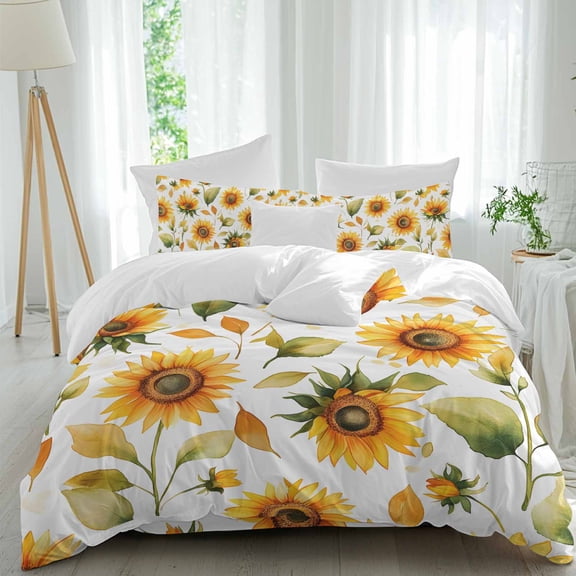Sunflower 4 Piece Duvet Cover Set California King Size Watercolor Spring Floral Farm Soft Bedding Set Comforter Cover, 1 Duvet Cover 1 Flat Sheets and 2 Pillowcases
