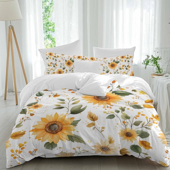 Sunflower 4 Piece Duvet Cover Set Twin Size Spring Florals Watercolor Farm Soft Bedding Set Comforter Cover, 1 Duvet Cover 1 Flat Sheets and 2 Pillowcases