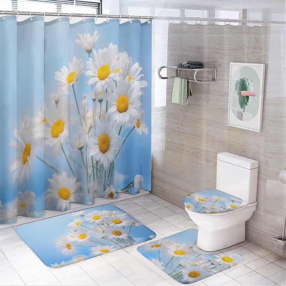 Sunflower 4 Piece Shower Curtain Sets, with Non-Slip Rugs, Toilet Lid Cover And Bath Mat, for Bathroom Decor Set
