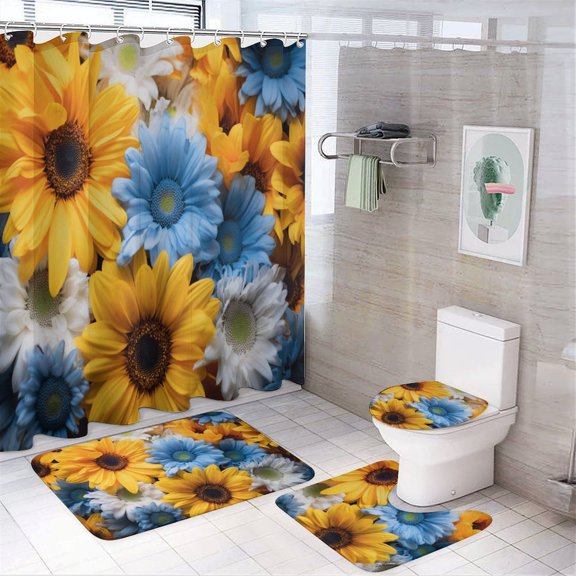 Sunflower 4 Piece Shower Curtain Sets, with Non-Slip Rugs, Toilet Lid Cover And Bath Mat, for Bathroom Decor Set