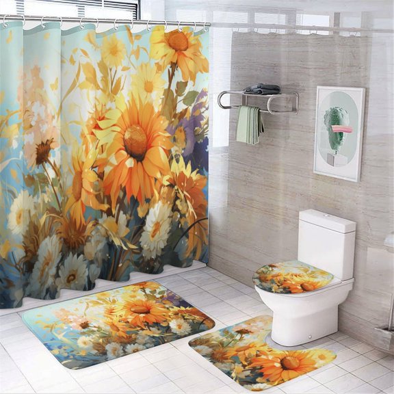 Sunflower 4 Piece Shower Curtain Sets, with Non-Slip Rugs, Toilet Lid Cover And Bath Mat, for Bathroom Decor Set
