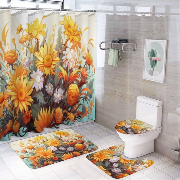 Sunflower 4 Piece Shower Curtain Sets, with Non-Slip Rugs, Toilet Lid Cover And Bath Mat, for Bathroom Decor Set