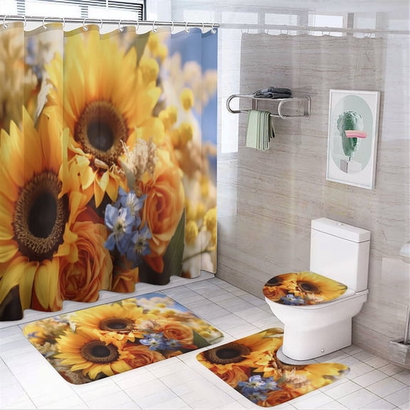 Sunflower 4 Piece Shower Curtain Sets, with Non-Slip Rugs, Toilet Lid Cover And Bath Mat, for Bathroom Decor Set