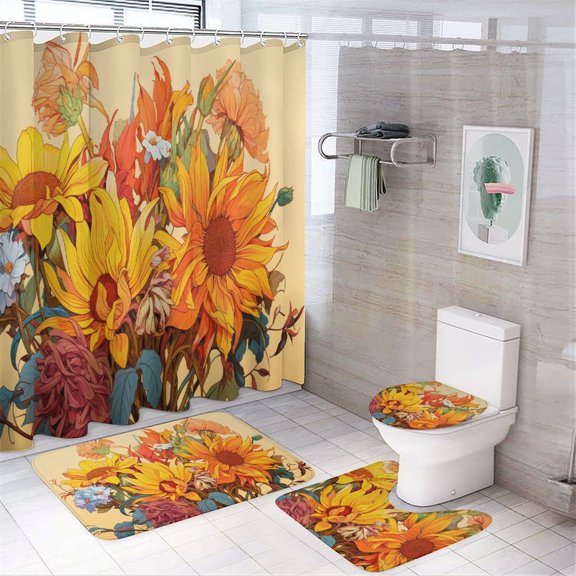 Sunflower 4 Piece Shower Curtain Sets, with Non-Slip Rugs, Toilet Lid Cover And Bath Mat, for Bathroom Decor Set