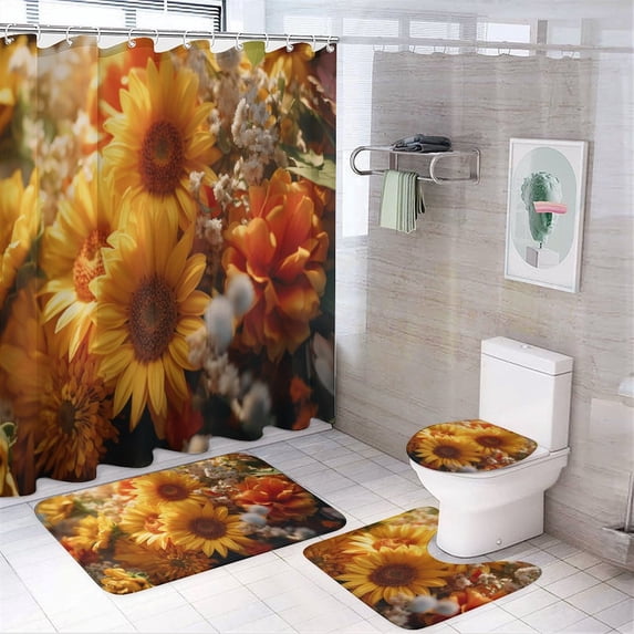 Sunflower 4 Piece Shower Curtain Sets, with Non-Slip Rugs, Toilet Lid Cover And Bath Mat, for Bathroom Decor Set