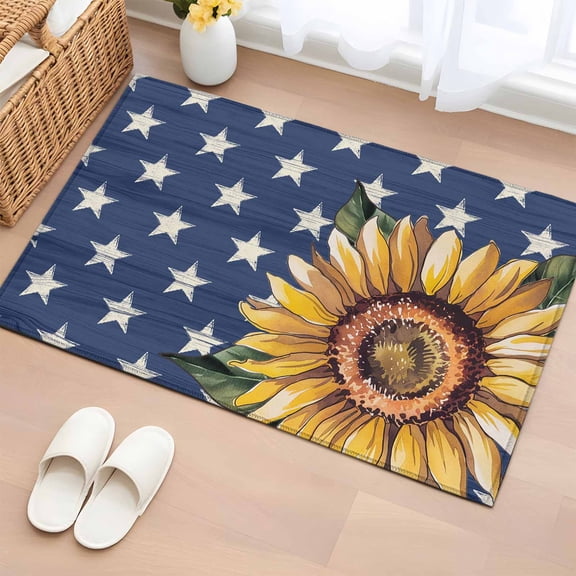 Sunflower 4th of July Bathroom Rug Washable 2x3 Entryway Rug Non Slip Blue Star Independence Day Front Door Mat Low Pile Indoor Doormat Throw Floor Carpet for Kitchen Bedroom Entrance