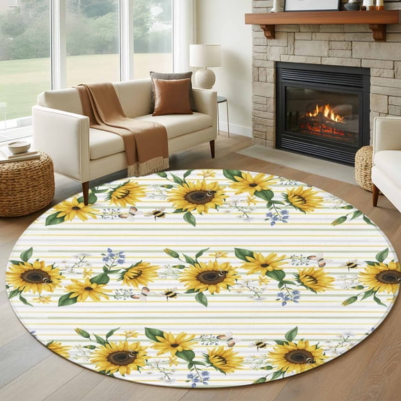 Sunflower 5' Round Rug for Dining Table for 4 People Under Table Placement, Butterfly Bee Washable Non Slip Circle Area Rug for Living Room Dining Room, Bathroom Accent, Entryway, Beside Bed