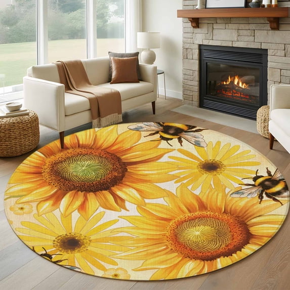 Sunflower 6ft Round Rugs, Yellow Floral Elegant Pastoral Flowers Rustic Washable Non-Slip Area Rugs for Living Room Bedroom Kitchen, Soft Low Pile Dining Room Kicthen Circle Carpet, Indoor Floor Rug