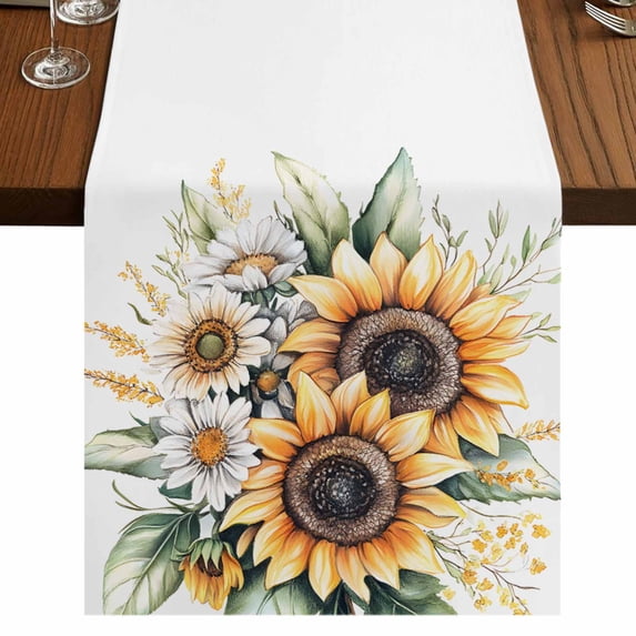 Sunflower 70 Inch Table Runner, Watercolor Summer Botanical Daisy Farmhouse Dresser Scarf Cotton & Linen Tablerunner for Dining/Kitchen Island/Holiday Party Décor 13" x 70"