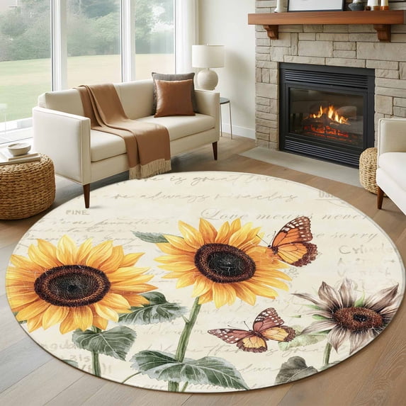 Sunflower 7FT Round Area Rugs for Living Room Summer Floral Bee Pastoral Style Vintage Background Ultra-Thin Non-Slip Round Rugs Machine Washable Low Pile Circle Carpet for Bedroom Kitchen Nursery