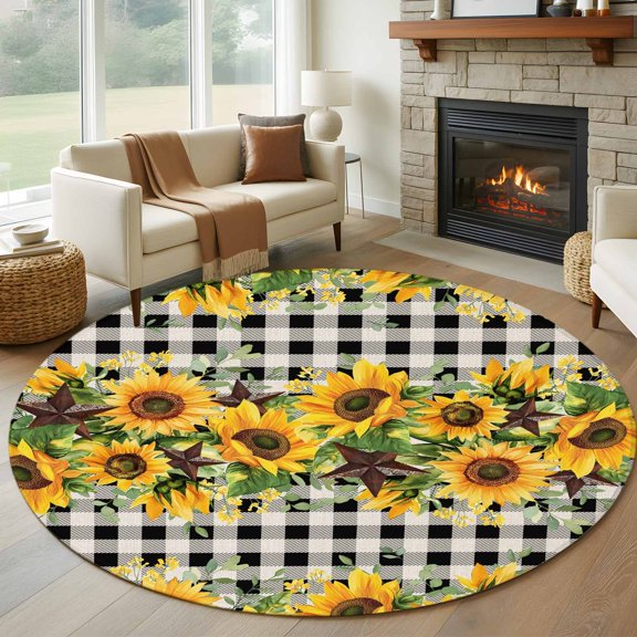 Sunflower 8' Round Area Rug, Rustic Brown Country Star Black Checkered Washable Non-Slip Large Circle Rugs for Living Room Bedroom, Soft Low Pile Rug Carpet for Dining Room Kitchen Farmhouse