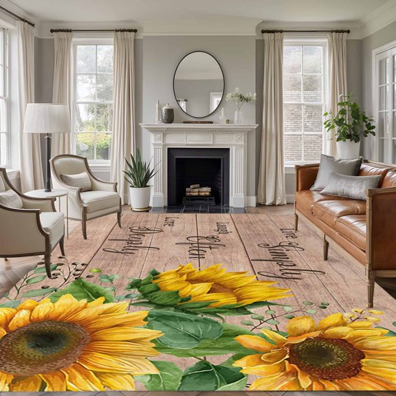 Sunflower 8'x10' Large Area Rug for Living Room Sectional Sofa, Live Simply Laugh Often Love Deeply Vintage Washable Non Slip Low Pile Rectangle Area Rug