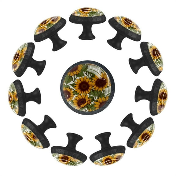 Sunflower Aesthetic Pattern 35MM Round Glass Cabinet Knobs, Kitchen Knobs for Drawer Dresser Cupboard Wardrobe Modern Pulls Handles Hardware, Set of 12
