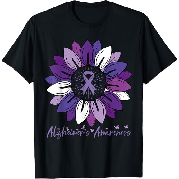 Sunflower Alzheimer's Awareness Month T-ShirtMen and women, Black T-shirt, size: Extra large S-4XL