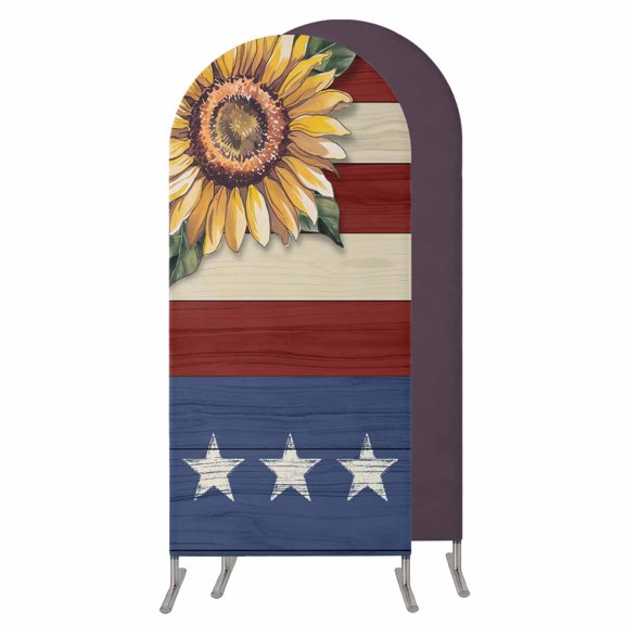Sunflower America Flag Wedding Arch Cover, Stretchy Spandex Arch Backdrop Stand Covers 5 FT, Farmhouse Retro US Flag Round Top Arched Backdrop Cover for Birthday Party Ceremony Baby Shower Event