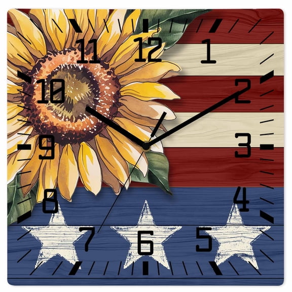 Sunflower America Flag Wooden Wall Clock Silent Non Ticking, Farmhouse Retro US Flag Square Wall Clocks Battery Operated, Decor Clock for Home Office, Living Room, Kitchen, 10 Inch