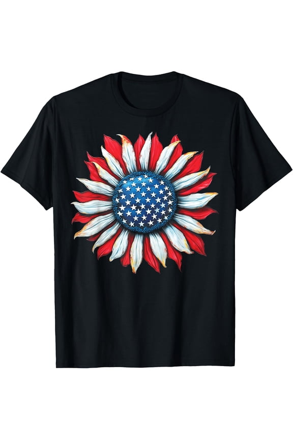 Sunflower American Flag 4th of July Women Men Merica USA T-Shirt