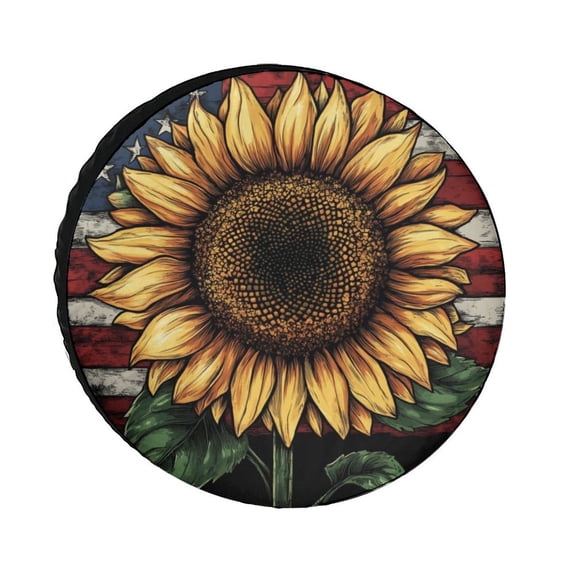 Sunflower with An American Flag Heavy Duty Spare Tire Cover 4th of July American Flags Wheel Protectors Tire Covers Weatherproof Wheel Covers for Travel Trailer Camper Truck SUV Camper 12inch